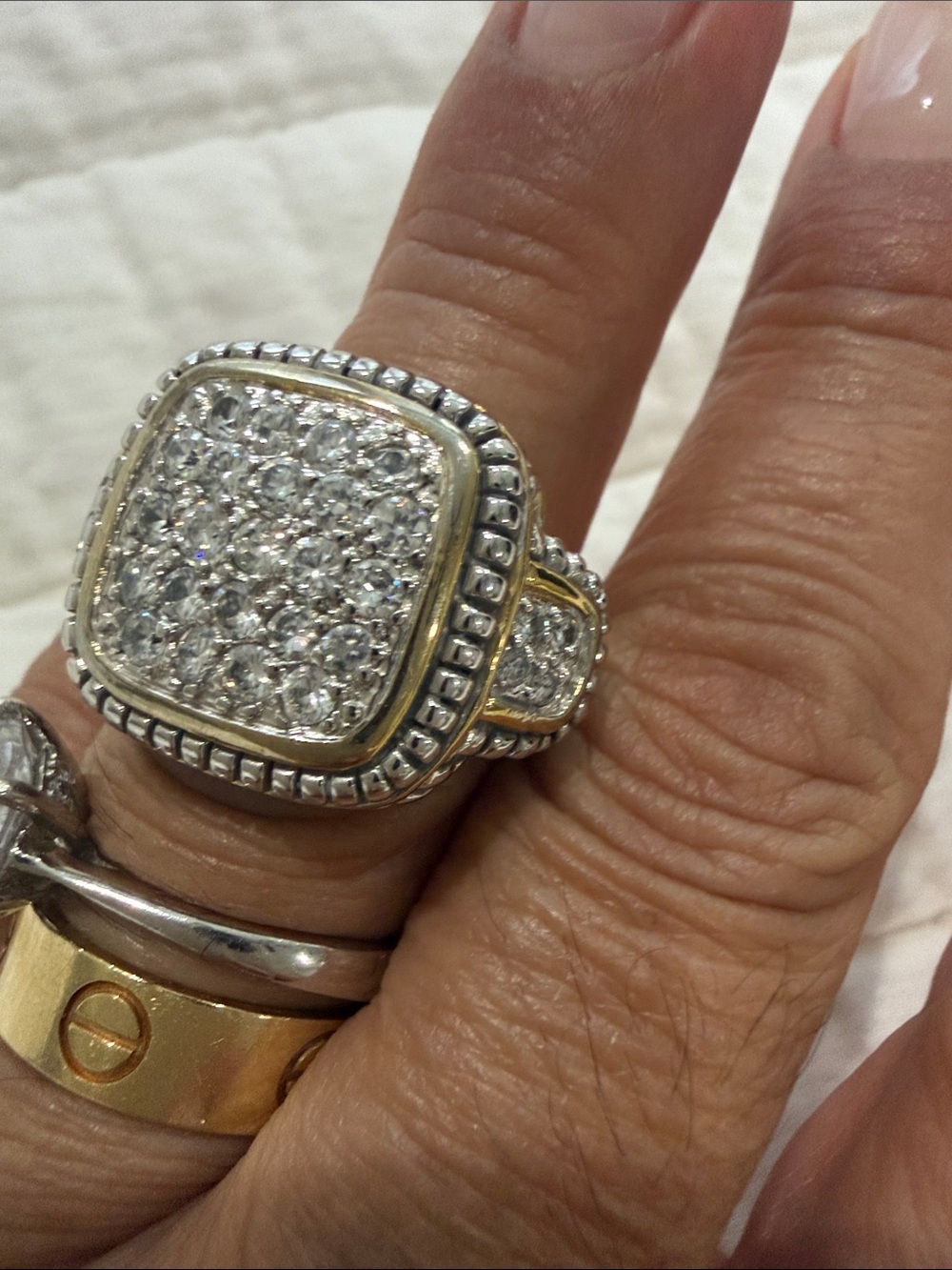 Silver and Gold Pavé Square Cluster Ring - Women's Jewelry